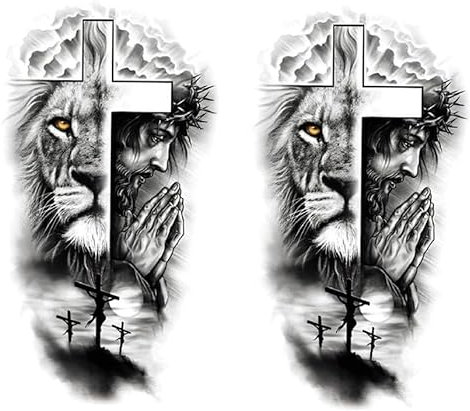 2 feuilles de tatouages temporaires religieux Lions Tatouage Croix Tatouage Jésus Tattoo XQB380x2