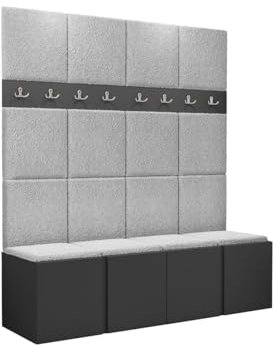 Mirjan24 Garderoben-Set Monati V, 4X Schuhschrank + Kleiderhakenbrett und Gepolstertes Paneel/Wandpaneel, Kleiderhaken, Flurgarderobe, Wandgarderobe (Graphit, Abriamo 06)