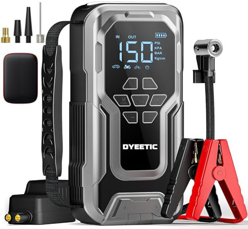 DYEETIC 6000A Booster Batterie Voiture Lithium avec Compresseur, 150 12V PSI Gonfleur de Pneus Porteable pour Véhicule (Jusqu’à Tout Essence & 10L Diesel), Lumière LED, Câbles de Démarrage