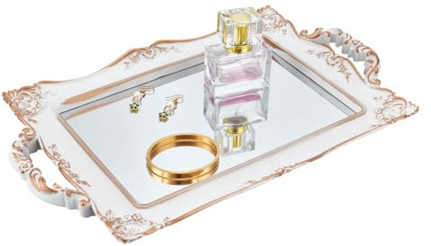 OLYCRAFT Vintage Decorative Framed Mirror Rectangle Vintage Antique Decorative Tray with Handle Antique Decorative Mirror Tray for Bedroom Living Room Makeup Jewelry Organizer 24.5x16.3cm