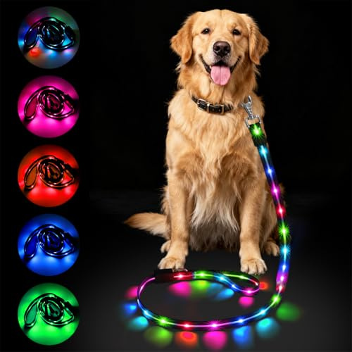AUAUY 1.2 m LED Hundeleine, 12 Beleuchtungsmodi, Reflektierend, Schwarz | Beleuchtete Hundeleine über USB Wiederaufladbar, Leine Hund mit Gepolstertem Griff, für Mittelgroße und Große Haustiere