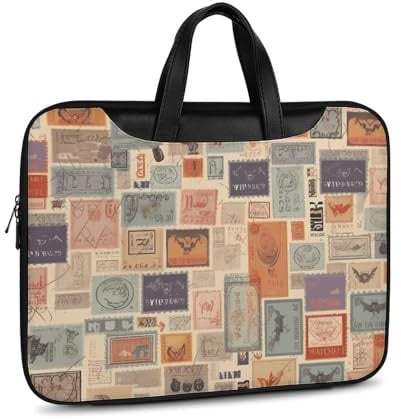 Postal Stationery bedruckte Leder-Schultertasche, Kuriertasche, Aktentasche für Männer und Frauen, Reisen, Business, Büro, Hangbag, Laptop, Umhängetasche, Schwarz, 37x28cm