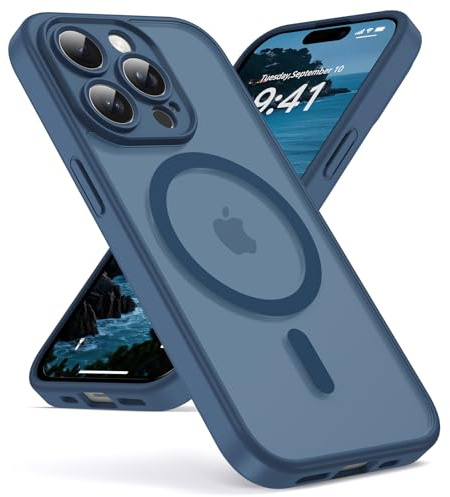 Oududianzi-Magnetisch Hülle für iPhone 15 Pro Max mit Magsafe, Blau | Durchscheinende Mattierte PC Rückseite TPU Silikon Schutzhülle, Kameraschutz Transluzente Matt Kratzfest Stoßfest Handyhülle
