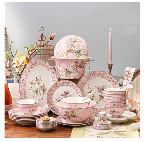 Geschirrset 66-teiliges komplettes Tafelset, luxuriöses aus Knochenporzellan, Reisschüssel, Teller, Essstäbchen, Küchengeschirr, Geschirrset für die Küche