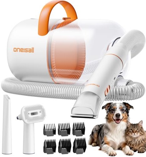oneisall Aspiradora de aseo para perros – Succión de 15000 Pa, captura el 99% del pelo de mascotas para reducir el desprendimiento, cortaúñas para perros y cepillo silencioso (≤59 dB) con 4 accesorios