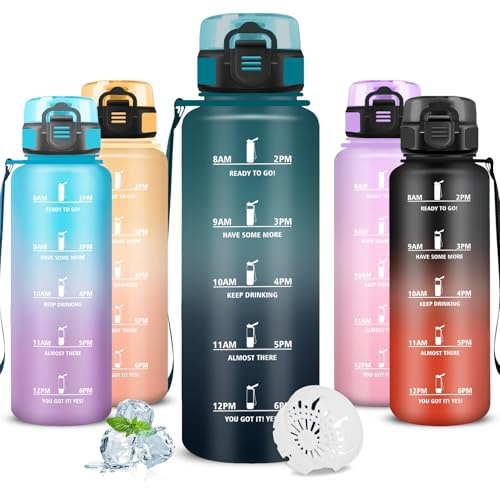 Mujigaga Trinkflasche Sport, Trinkflasche 1 5 liter, Auslaufsicher, Wasserflasche mit Zeitmarkierung, Leicht zu Reinigen, mit Filte, Wasserflasche für Wandern, Yoga, Radfahren, Triathlon, Fitness