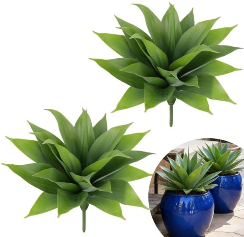 Fairblo 2 Agaves Artificiales Grandes 40 cm Suculentas sin Maceta | Plantas Exterior UV Resistentes y Antideslumbrantes en Plástico Grueso para Jardín, Porche, Oficina y Decoración de Hogar