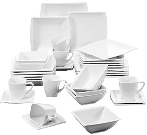 MALACASA, Serie Blance, Servizio da Tavola Set 36 Pezzi con 6 Ciotole per Cereali, 6 Tazze da caffè, 6 Piattini, 6 Piatti Piani, 6 Piatti Fondi e 6 Piatti da Dessert Colore Bianco