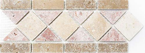 MOSBOR-60204 Bordure en travertin pierre naturelle beige, crème, rouge, terre cuite, marron - Frise décorative aspect antique pour mur, cuisine, salle de bain