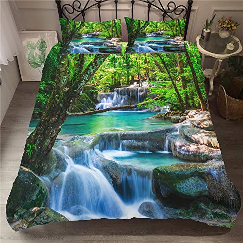 Treer Bettwäsche-Set 3 teilig, Microfaser Drucken Waldlandschaft Reißverschluss Bettbezug +2 x Kissenbezug 50x75cm 3D Design Warme Bettwäsche (3pcs-135x200+50x75cm,Wasser strömen Lassen)