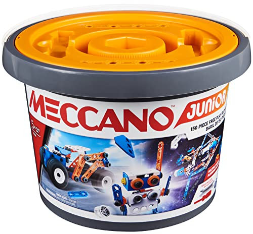 MECCANO Junior, 150-Piece Bucket STEAM Model Building Kit for Open-Ended Play, Festive Christmas STEM Toys, Gift Ideas for Kids Aged 5 and up,Grey