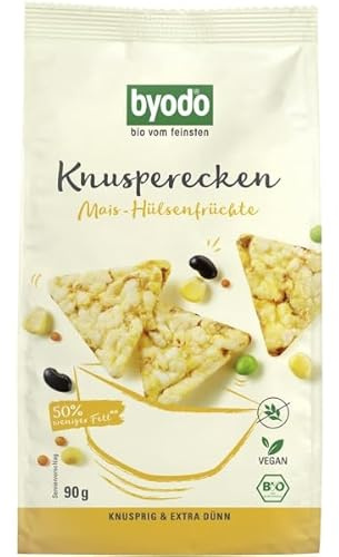 Byodo Bio Knusperecken Mais-Hülsenfrüchte I 1 x 90 g Packung | 50% weniger Fett I Knuspriger Snack aus gepufftem Mais I Luftige Chips-Alternative I Für Uni, Büro & Alltag