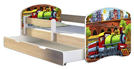 Kinderbett Jugendbett mit einer Schublade und Matratze Sonoma mit Rausfallschutz Lattenrost ACMA II 140x70 160x80 180x80 (44 Lokomotive, 140x70 + Bettkasten)