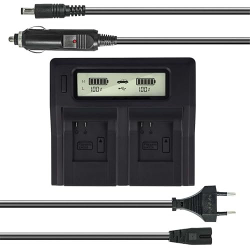 Dual Akku-Ladegerät kompatibel mit SupTing SJ4000, Qumox BAT-412 - mit USB-Anschluss, LCD-Display und Kfz-Ladekabel - Schnellladegerät