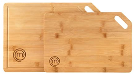 MasterChef Tabla de Cortar Cocina, Juego de Tablas de Bambu para Corte, para Carne, Verduras, Embutidos, con Agujeros Colgantes & Ranura para Jugos, Sostenible, Alimentos Seguros, Madera