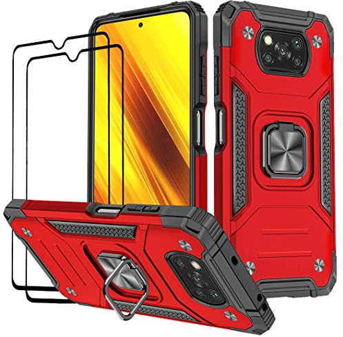 KANSi Funda Compatible con Xiaomi Poco X3 NFC/Poco X3 Pro, Cristal Vidrio Templado [2 Piezas] Capa Anillo iman Soporte Hard PC y Silicona Antigolpes Armor Carcasa - Rojo