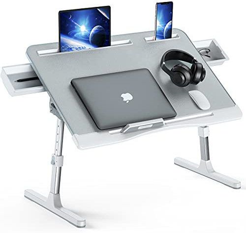 KLEAR Bureau de lit pour Ordinateur Portable, Réglable en Hauteur et Angles, Plateau en Cuir PVC pour Ordinateur Portable pour lit et canapé, Sol, Bureau Pliable avec 2 tiroirs (60 x 40 cm)