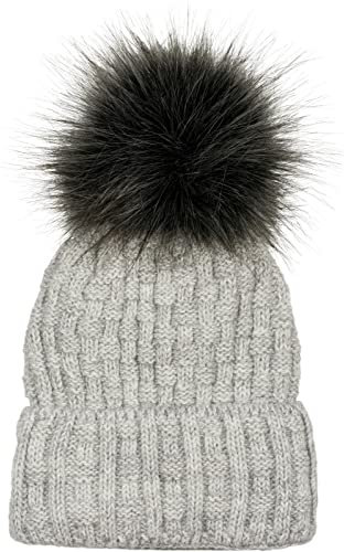 styleBREAKER Unisex warme Strick Bommelmütze mit Flecht Muster und Fleece Futter, Winter Fellbommel Mütze 04024171, Farbe:Hellgrau meliert