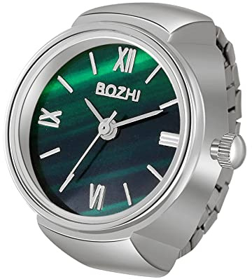 Silverora Finger Uhr Ringuhr für Damen und Herren, analoge Quarzuhr, arabische Ziffern, grünes Zifferblatt, elastisches Band, Rosegold, Goldsplitter, Fingeruhr