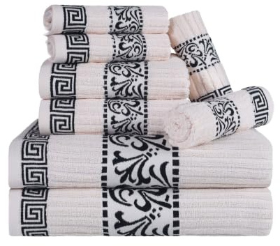 Superior 8-teiliges Handtuch-Set aus Baumwolle, dekoratives griechisches Muster, Heim-Essentials, saugfähige Handtücher, Dekor für Badezimmer, Spa, enthält 2 Hände, 2 Gesichts- und 4 Badetücher,