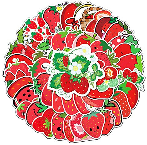 Red Strawberry Stickers for Boys Girls Kids Teens,Cartoon Vinyl Waterproof Stickers for Phone Laptop Flasks Water Bottle Luggage Scrapbook Cup Bike Car, Cute Fruit Decals Pack[Strawberry-50Pcs]