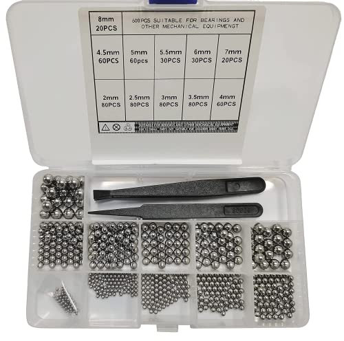 JJWNMLL 600 Stück Edelstahl Kugellager 11 Größen 2-8 mm Mixer Ball Reinigungsperlen Klassifizierungsset für Industriezubehör Rollen Fördergeräte Instrumente Fahrräder mit 2 Pinzetten