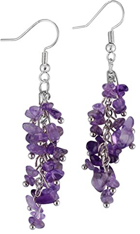 Nupuyai Amethyst Crystal Stone Long Tassel Drop Earrings for Women, Chakra Healing Stone Dangle Earrings for Wedding Party Vacation, 62mm