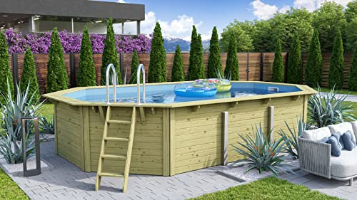 CHILLROI® Achteckiger Holzpool länglich, 568,5 x 357,5 x 124 cm, Modell 1 X Folie blau Inkl. Zubehör und Pool Leitern