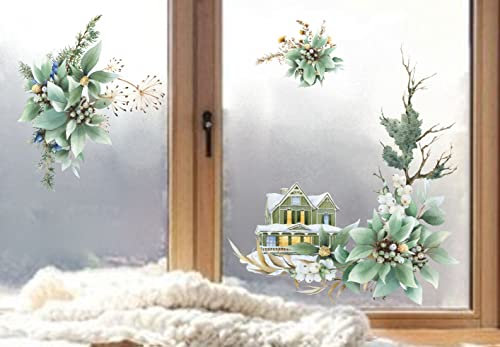 wolga-kreativ Fenster Fensterbilder Glasdekorfolie Motiv Fensterfolie FenstertattooWinter Weihnachten Advent grüne Blumen Haus Aufkleber Fenster wiederverwendbar Kinderzimmer Deko