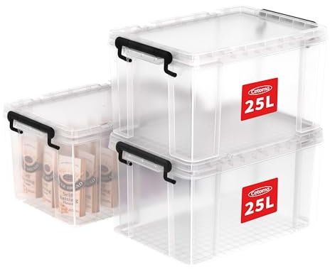 Cetomo 25L*3 Storage Boxes, Stackable Storage Box with Lids, Heavy-Duty Lidded Container with Reinforced Corners, Vertical Sides and Clip Closure, Durable, Plastic, Clear, 25L-3Pack