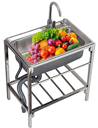 Évier de cuisine en argent Évier sur pied en acier inoxydable Évier à une seule cuve Commercial Restaurant Évier utilitaire avec robinet pour garage industriel Lave-mains à la maison 68 * 44cm
