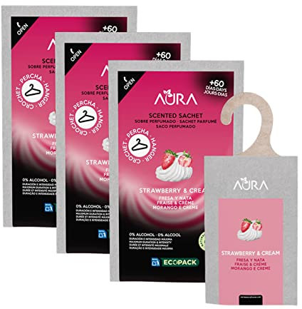 AURA | Pack 3 Ambientador Percha para Armario | Aroma Fresa y Nata | Ecopack 100% Reciclable | Larga Duración 60 Días | 0% Alcohol