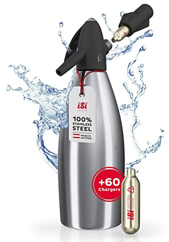 ISI Soda Siphon 1L inkl. 6 x 10 CO2 Kapseln für Soda & Sprudel - Edelstahl Wassersprudler Set + CO2 Kartuschen - Wasser Sprudler - Bar Zubehör