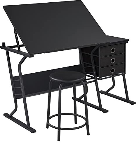 costoffs Drafting Table Drawing Table with Drawers & Stool Set for Artists, Adjustable Tilting Tabletop Crafting Table with Additional Side Countertop & 3 Drawers & Extra Storage Shelf, Black