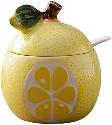 KNBG Pot de rangement en céramique en forme de fruits avec couvercle et cuillère pour condiments (Pomelo jaune)