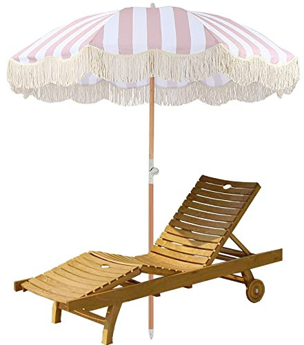 CHEVVY 2m Parasol Rose Blanc Rayé, Parasol Extérieur En Polyester Avec Franges, Mât En Bois Orientable 200CM, Sans Base