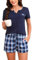 Bresdk Pyjama Carreaux Femme Ete Vêtements de Nuit Short Pijama Plaid col V Manche Courte Enseblems de Pyjama Sexy Chic 2 Pièce Coton, B-Bleu Marine (Col Cranté), M