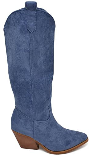 Stivali Donna camperos Texani Blu Jeans Liscio Scamosciato Zip Tacco Western Comodo in Legno Altezza Ginocchio Moda (39 EU)
