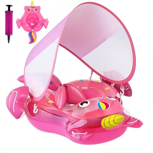 Unicorn Baby Swimming Float with UV Sun Protection UPF50+ Canopy - Inflatable Pool Float for Ages 3-12 Months - Safe Seat for Newborns Learning to Swim - Comes with Manual Pump