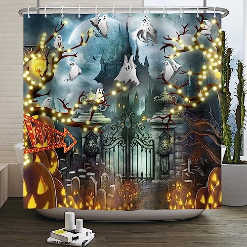 SDOTPMT 180x180cm Halloween thème Rideau de Douche Bienvenue Gothique Château Citrouille Cour Rideau de Douche Dead Day Baignoire Rideau de Douche Salle de Bain Décoration Crochet