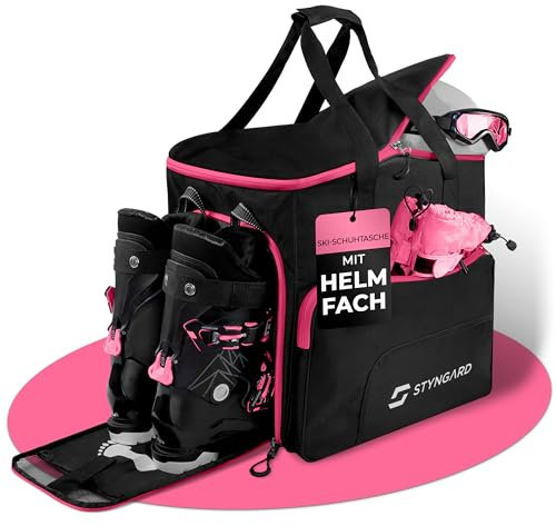STYNGARD Housse Chaussures de Ski avec Compartiment pour Casque et pour Bottes [54 L] - Sac à Chaussures de Ski avec Fonction avec Fonction Sac à Dos modèle Sölden (Noir-Rose)