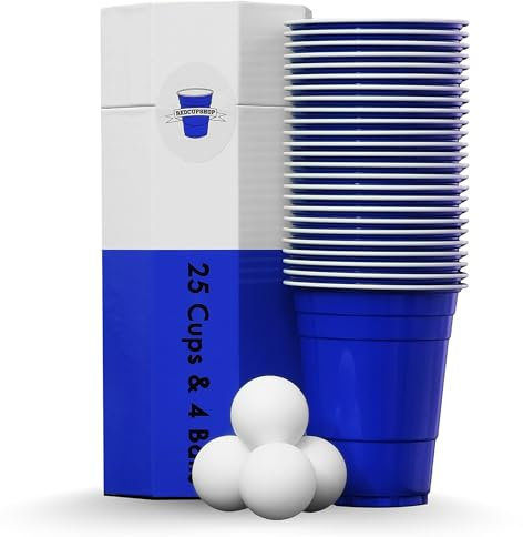 RedCupShop® Blue Cups | 25 gobelets bleus et 4 balles | Passe au lave-vaisselle et réutilisable | 473 ml | Idéal pour les fêtes Blue Cup Party, Beer Pong, les jeux de tasses et les événements