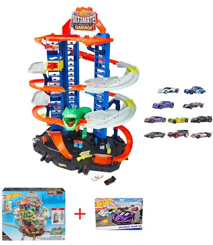 Hot Wheels Pack City Super Dino Robot Garage Avec T-Rex (GJL14) + Coffret 10 Voitures (HMK47), Capacité 100 Voitures, Designs Et Décorations Authentiques, À Collectionner, Dès 4 Ans