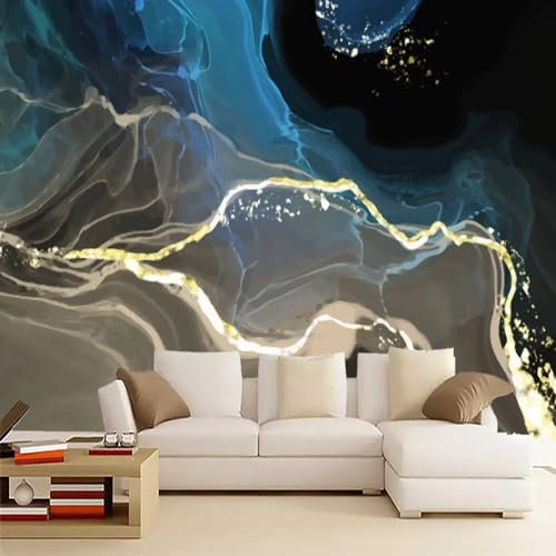 Abstract Marble Texture Photo Wallpaper Mural, Blue Gray Gold Black Wall Mural, Murals Wall Art for Office Study Room Home Decoration 450 x 315 cm