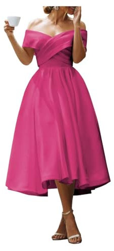 Stillluxury Vestido midi de graduación para mujer, vestido de noche formal de satén con hombros descubiertos, A Fucsia, 50