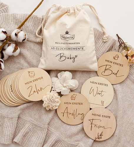 Prinzental® Meilensteinkarten Baby aus Holz | 40 Meilensteine auf edlen Holzscheiben | Mit Blanko Karte und Stoffbeutel | Geschenk zur Schwangerschaft | Zeitloses Design & Premium Qualität