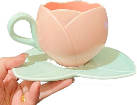 Argumub Tazza a tulipani in ceramica, con sottovaso, fiori 3D, tulipani, caffè, tè al latte, dolce tazza fatta a mano, con comoda impugnatura, per l'ufficio di casa (300 ml)