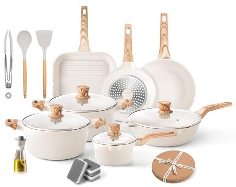 RIOVARM Induktion Töpfe und Pfannen Set mit Deckeln Granit Antihaftbeschichtung Kochgeschirr-Set mit Grillpfanne Küche Essentials Set Bratpfanne Kochtopf Sauteuse Soßenpfanne Spatel