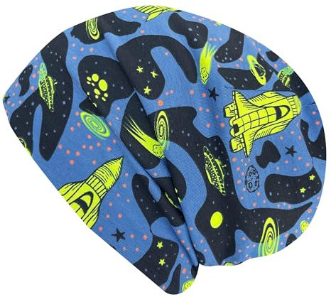 Wollhuhn ÖKO Jungen/Mädchen Bequeme Weiche Long Beanie/Mütze/Beanie-Mütze/Strickmütze/Kindermütze Jersey Gefüttert Übergangszeiten (Öko-Stoffe/Bio) (LB Space Neon Gelb, S)