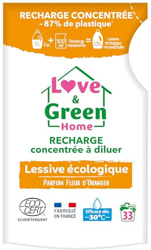 Love & Green Home Recharge concentrée à diluer de lessive écologique parfum fleur d'oranger. Certifiée Ecodétergent par Ecocert - Fabriquée en France - 500ml pour reconstituer 1,5L de lessive.